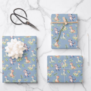 Hoja De Papel De Regalo Dinosaurios acuarelas sobre azul gris