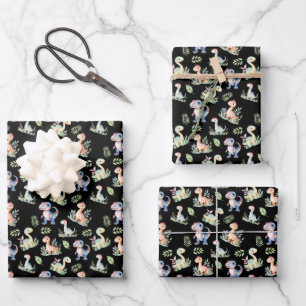 Hoja De Papel De Regalo Dinosaurios acuarelas sobre negro