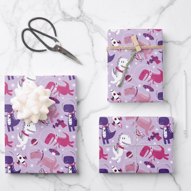 Hoja De Papel De Regalo Dinosaurios Espaciales, Dinosaurios Cutos, Estrell (Anverso)