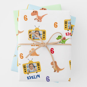 Hoja De Papel De Regalo Dinosaurios Lindos con Foto, Nombre y Edad Persona