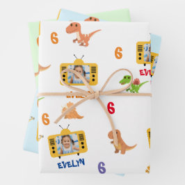 Hoja De Papel De Regalo Dinosaurios pequeños con foto, nombre y edad Perso