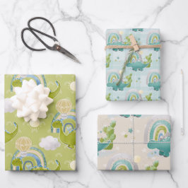 HOJA DE PAPEL DE REGALO DINOSAURIOS VERDES AZULES TURCOSAS Y RAINBOWS