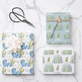 HOJA DE PAPEL DE REGALO DINOSAURIOS VERDES AZULES TURCOSAS Y RAINBOWS