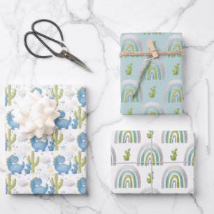 HOJA DE PAPEL DE REGALO DINOSAURIOS VERDES AZULES TURCOSAS Y RAINBOWS
