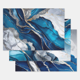 Hoja De Papel De Regalo Diseño abstracto de mármol de ágata dorada azul co