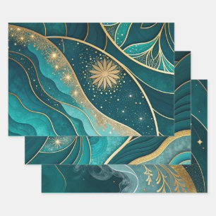 Hoja De Papel De Regalo Diseño abstracto de mármol floral celestial oro ve