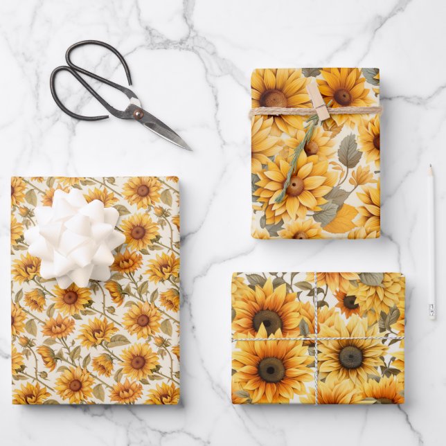 Hoja De Papel De Regalo Diseño de acuarela de girasoles a presión rústica  (Anverso)
