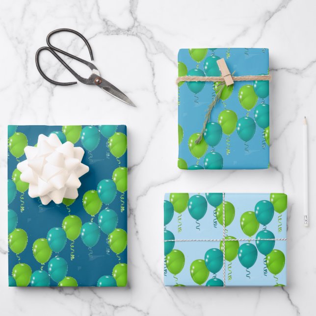 Hoja De Papel De Regalo Diseño de globos azules verdes (Anverso)