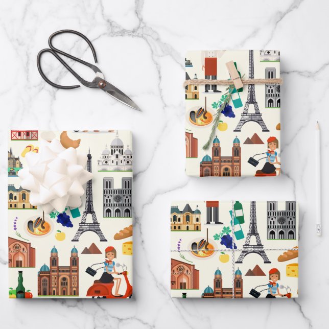Hoja De Papel De Regalo Diseño de iconos de viajes en Francia (Anverso)