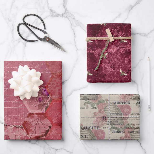 Hoja De Papel De Regalo Diseño de la serie Bee de Borgoña Cinco (Anverso)