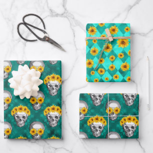 Hoja De Papel De Regalo Diseño de la serie Calaveras de Turquesa y Girasol
