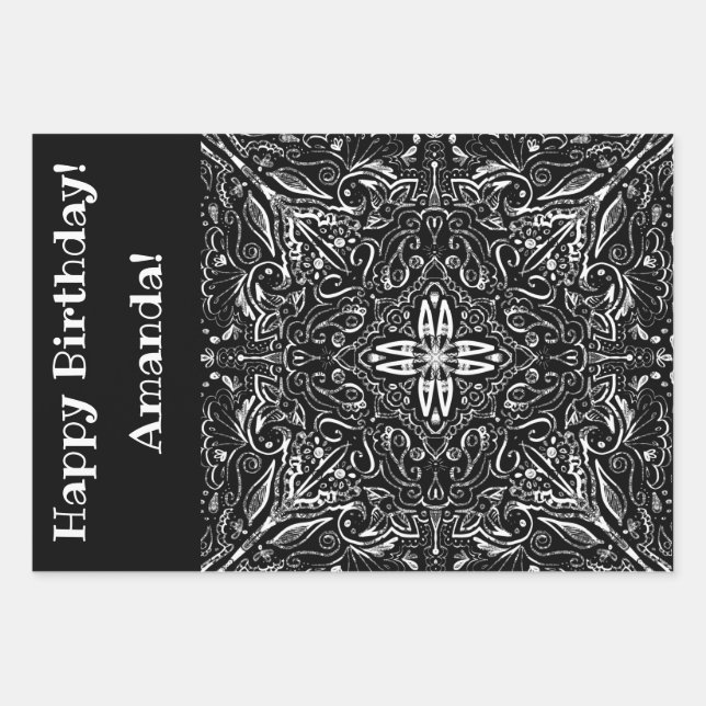 Hoja De Papel De Regalo Diseño de mandala blanca y negra personalizado (Anverso)