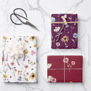 Hoja De Papel De Regalo Diseño de mariposas abejas florales de prado en ac