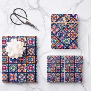 Hoja De Papel De Regalo Diseño de mosaico de azulejos coloridos con flores