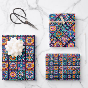 Hoja De Papel De Regalo Diseño de mosaico de baldosas coloridas con flores