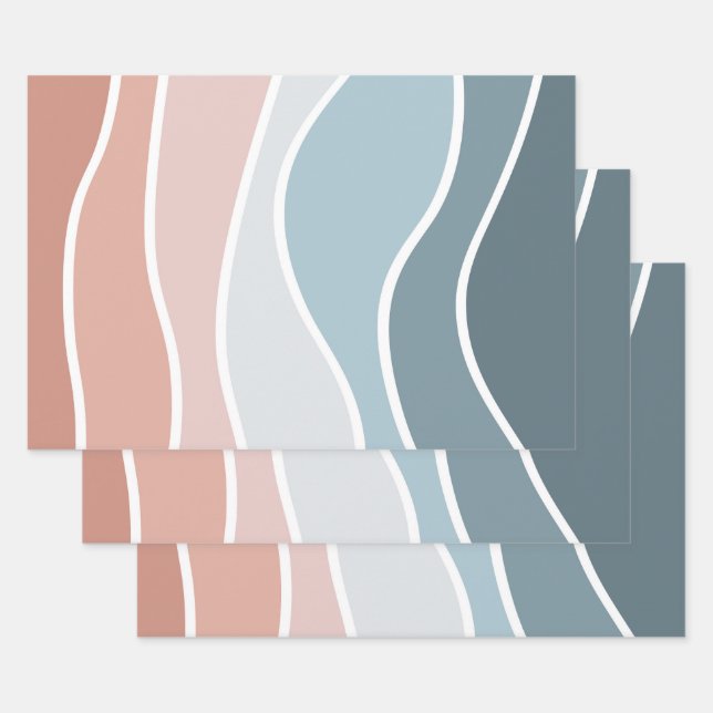 Hoja De Papel De Regalo Diseño de olas de estilo retro azul y rosa (Set)