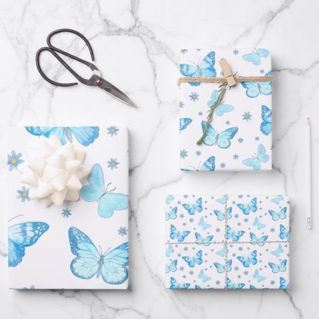 Hoja De Papel De Regalo Diseño de patrones florales de mariposa azul para  (Anverso)