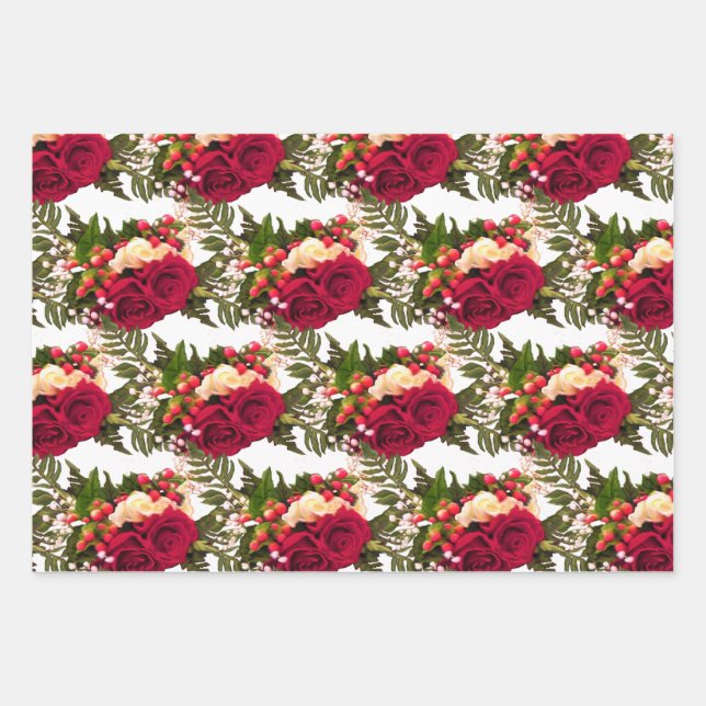 Hoja De Papel De Regalo Diseño de permuta floral de rosa roja. (Anverso)