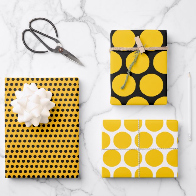 Hoja De Papel De Regalo Diseño de puntos amarillo, negro y blanco brillant (Anverso)