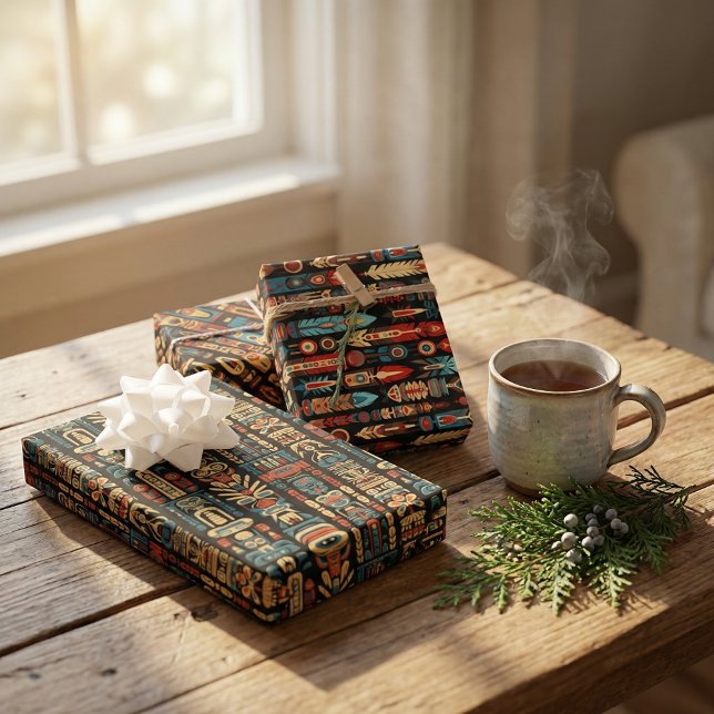 Hoja De Papel De Regalo Diseño de tótem y plumas nativos estadounidenses (Subido por el creador)