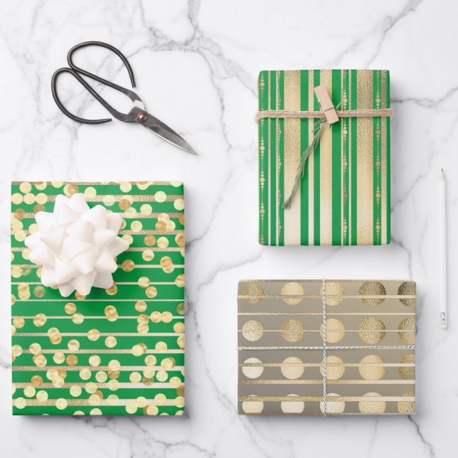 Hoja De Papel De Regalo Diseño formal elegante con rayas verdes doradas (Anverso)