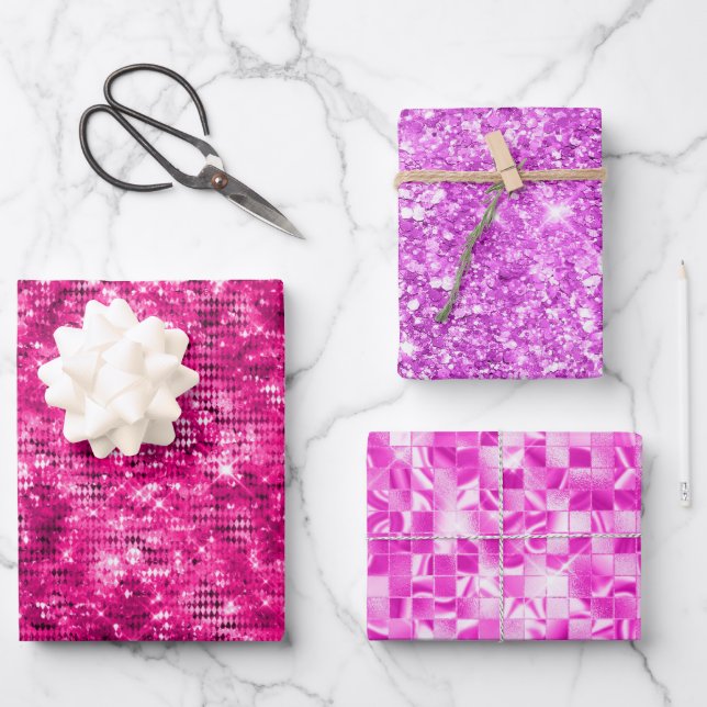 Hoja De Papel De Regalo Diseño Magenta Purpurina rosa y patrón de vidrio R (Anverso)