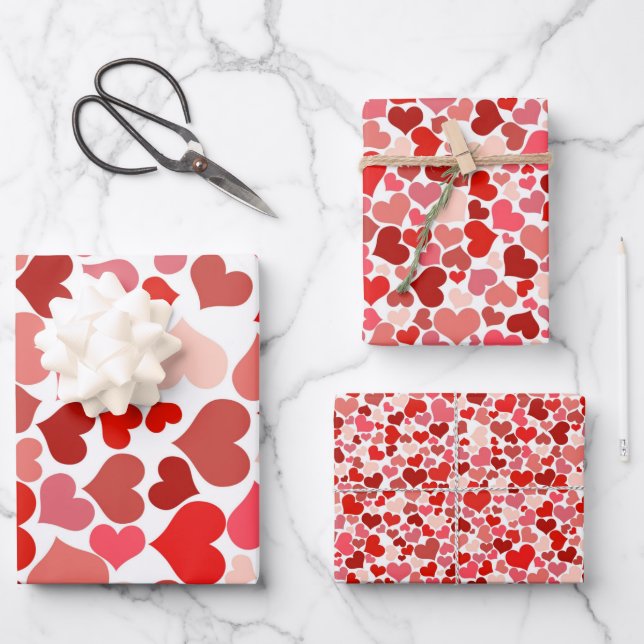 Hoja De Papel De Regalo Diseño romántico del corazón rosa rojo (Anverso)