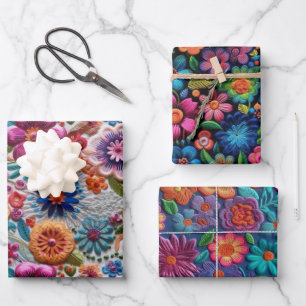 Hoja De Papel De Regalo Diseños de flores de colores bordados
