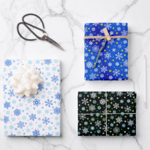 Hoja De Papel De Regalo Diversas formas Copos de nieve Azul Blanco Negro E