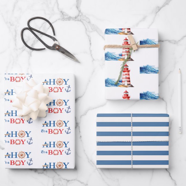 Hoja De Papel De Regalo Diverse Nautical Ahoy Boy Lighthouse  Baby Shower (Anverso)