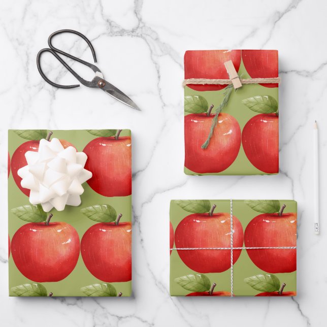 Hoja De Papel De Regalo Diversión con la Manzana Roja Fruta (Anverso)