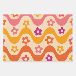 Hoja De Papel De Regalo Divertido patrón de flores groovy en ondas retro 
