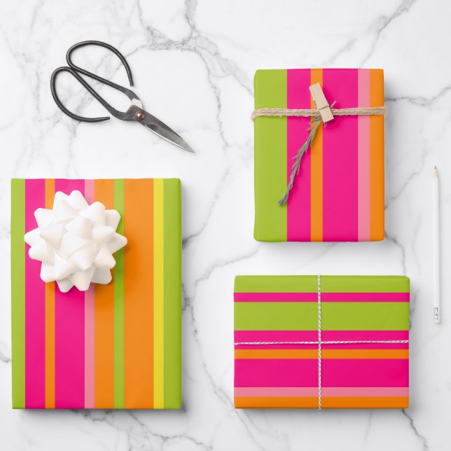 Hoja De Papel De Regalo Divertido Rosa caliente, Rosa, Naranja, Verde anim (Anverso)