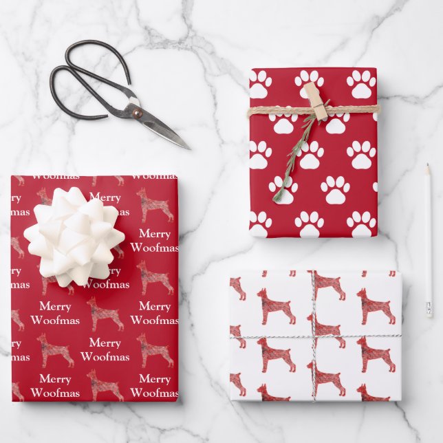 Hoja De Papel De Regalo Doberman Pinscher Dog Silhouette Red Merry Woofmas (Anverso)
