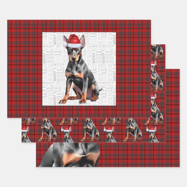 Hoja De Papel De Regalo Doberman Pinshcer Christmas Dog and Red Plaid (Set)