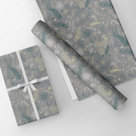 Hoja De Papel De Regalo Doodle floral verde, amarillo y blanco en gris.