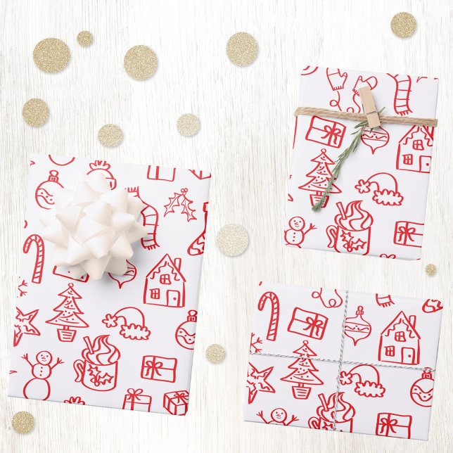 Hoja De Papel De Regalo Doodle rojo y blanco esgrimido de vacaciones (Fun Christmas holiday scribble doodle illustration red and white gift wrapping paper)