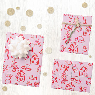 Hoja De Papel De Regalo Doodle rojo y rosado esgrimido de vacaciones