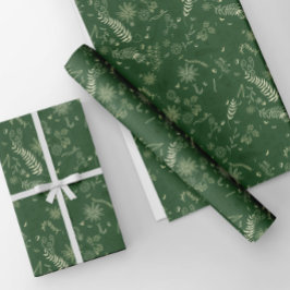 Hoja De Papel De Regalo Doodles con flores de marfil sobre verde