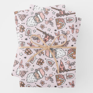 Hoja De Papel De Regalo Doodles de Boho Girly Pink Santa Navidades
