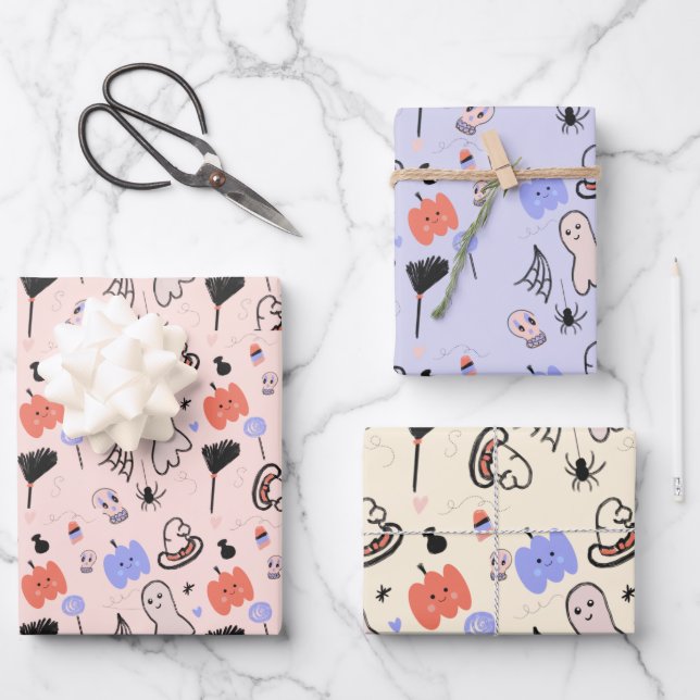 Hoja De Papel De Regalo Doodles temáticos retro Halloween (Anverso)