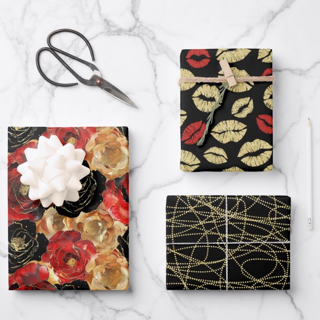 Hoja De Papel De Regalo Dorado Black Floral Litros Fiesta Bridal Shower (Anverso)