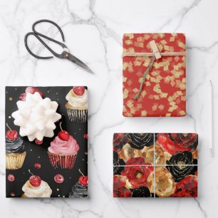 Hoja De Papel De Regalo Dorado Rojo Pasteles Negros Cerezo Floral Cumpleañ