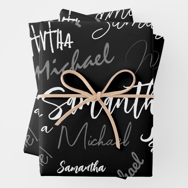 Hoja De Papel De Regalo Dos nombres pareja patrón monograma blanco negro (In situ)