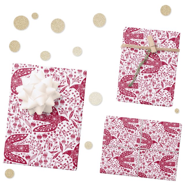 Hoja De Papel De Regalo Dove Festividad de pájaro rojo y blanco (Red and white festive peace dove bird pattern gift wrapping paper sheets)