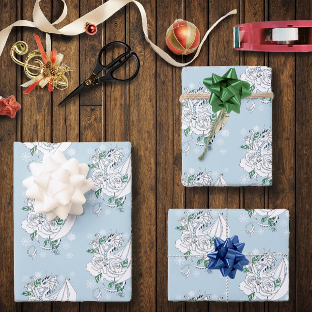 Hoja De Papel De Regalo Dragón Blanco Rosas Snowflakes Blue (Subido por el creador)