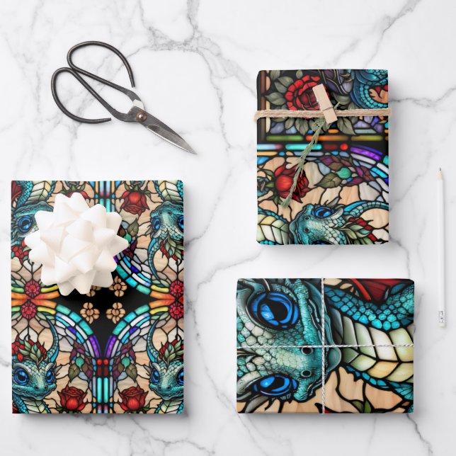 Hoja De Papel De Regalo Dragón de vidrio con manchas falsas con Rosa (Anverso)