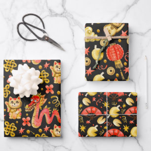 Hoja De Papel De Regalo Dragón & Gato Ondulante   Año Nuevo Chino