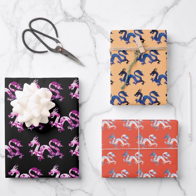 Hoja De Papel De Regalo Dragon Trio (Anverso)