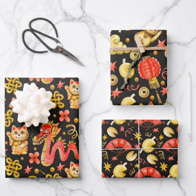 Hoja De Papel De Regalo Dragón y gato ondeado | Nuevos años de China (Anverso)